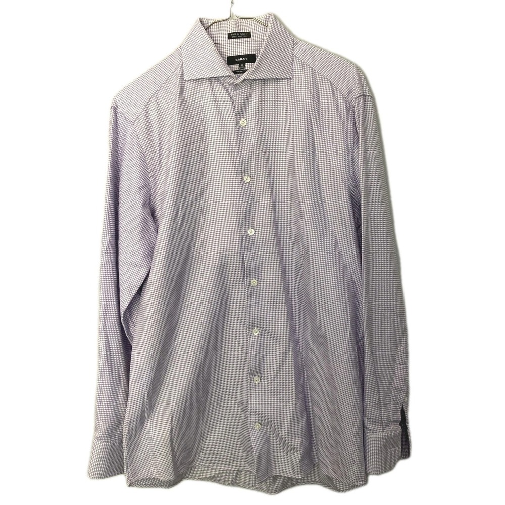 Sarar Shirt Mens 16 34/35 Purple Houndstooth Slim Fit Cotton Long Sleeve Dress